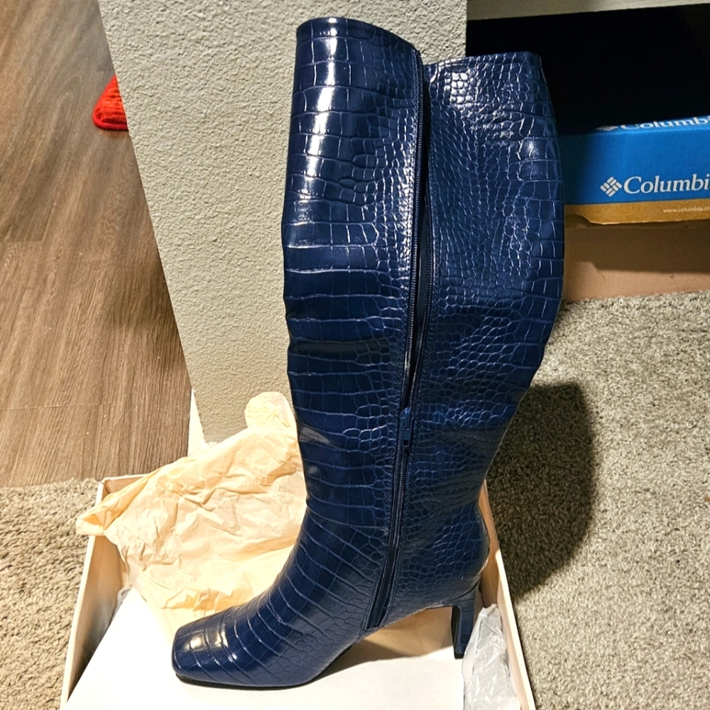 Blue knee high boots